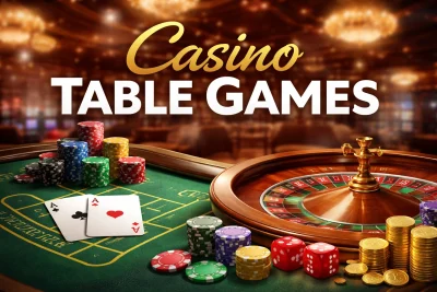 Online casino table games showing blackjack cards, roulette wheel, dice, and casino chips