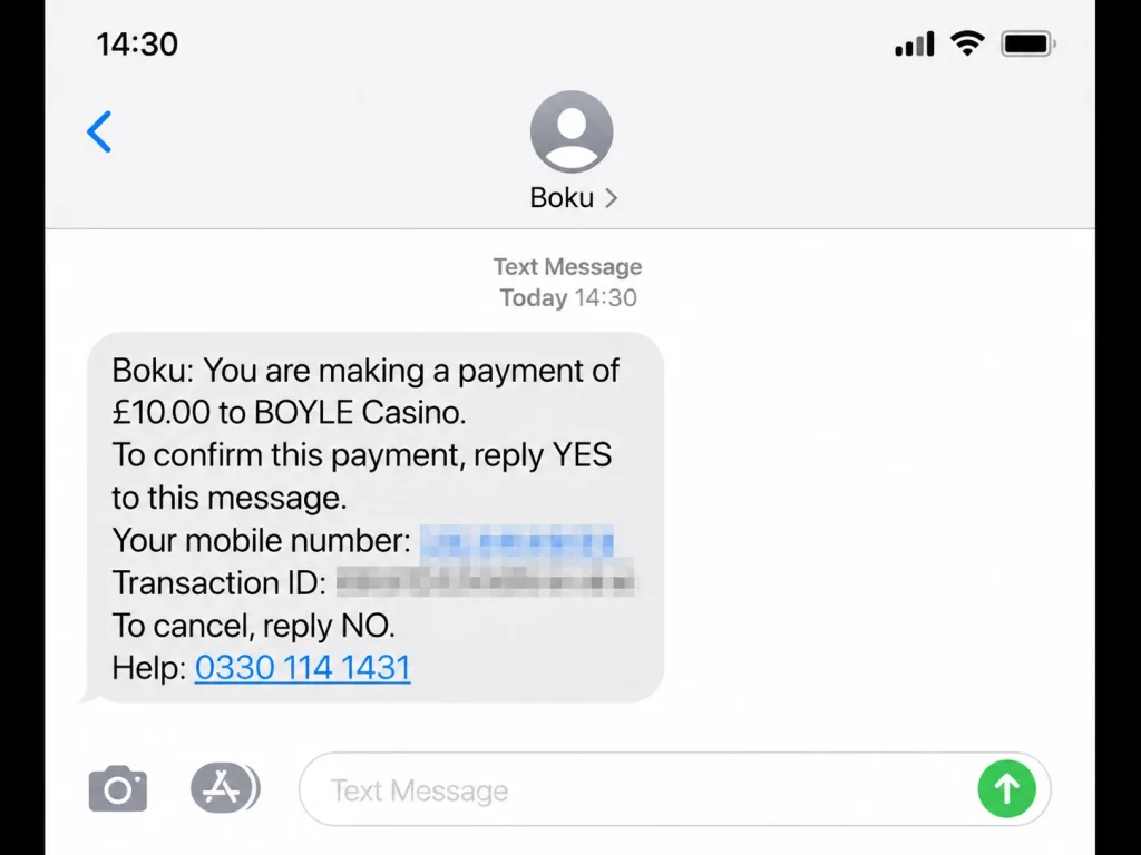 Boku £10 SMS Payment Confirmation Boku SMS asking the user to confirm a £10 casino payment by replying YES, with personal and transaction details blurred.
