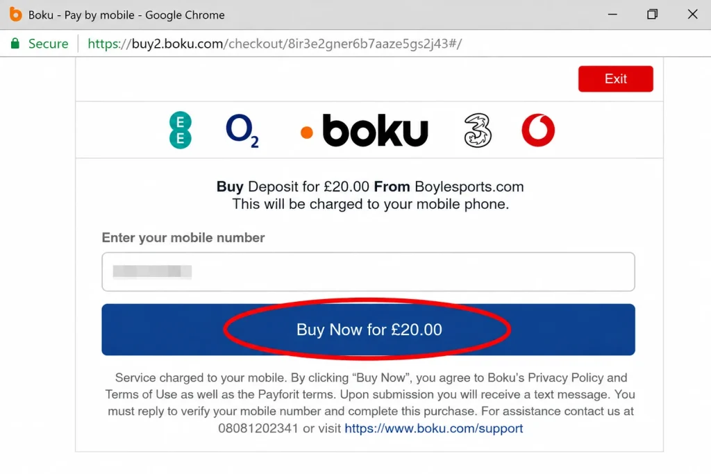 Boku Pay by Mobile Checkout at boku.com Checkout screen at boku.com showing a £10 payment, mobile number entry and the Buy Now confirmation button.