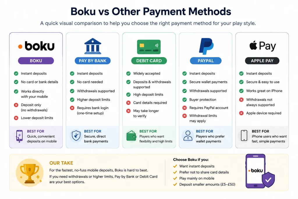Boku vs Other Casino Payment Methods Comparison infographic showing Boku, Pay by Bank, debit cards, PayPal and Apple Pay for casino deposits, including deposit speed, withdrawals, limits and best use cases.