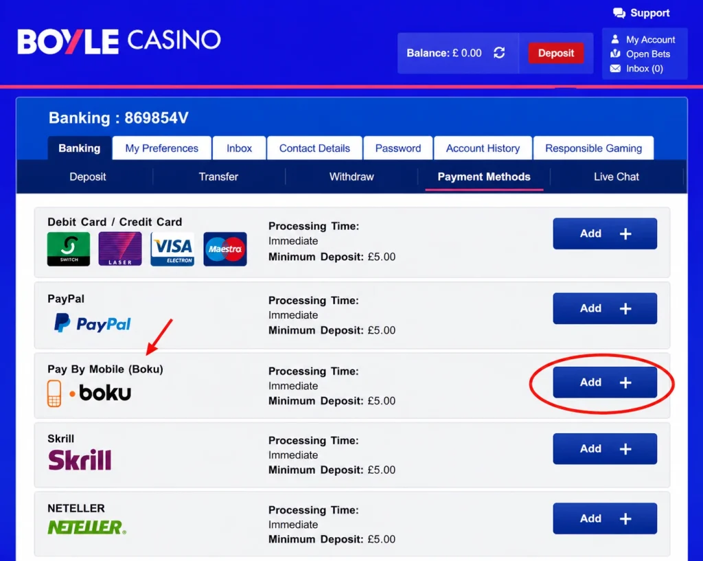 Boku Payment Method in the Casino Cashier Casino cashier showing Boku Pay by Mobile as a deposit option with a £5 minimum deposit.